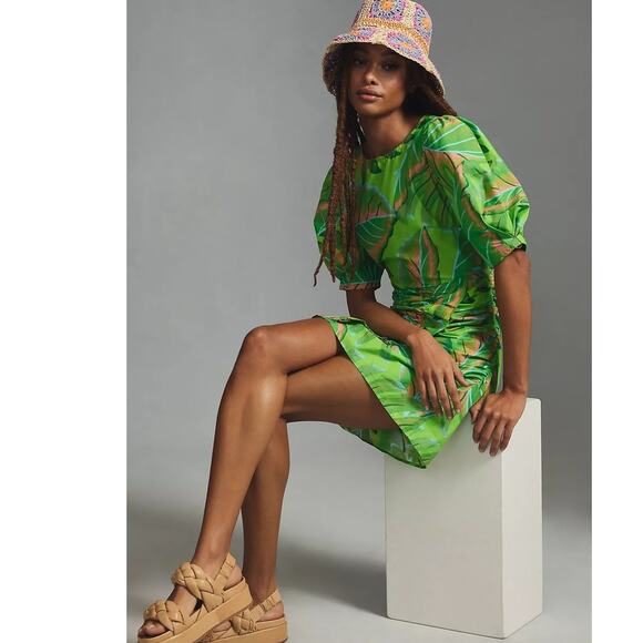 New Anthropologie Farm Rio Puff-Sleeve Mini Dress $190 MEDIUM Green TROPICAL - Picture 4 of 5